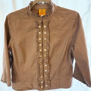 Ruby Rd Petite Brown Ruffle Stud Zip Jacket Boho Cropped Jacket (12)